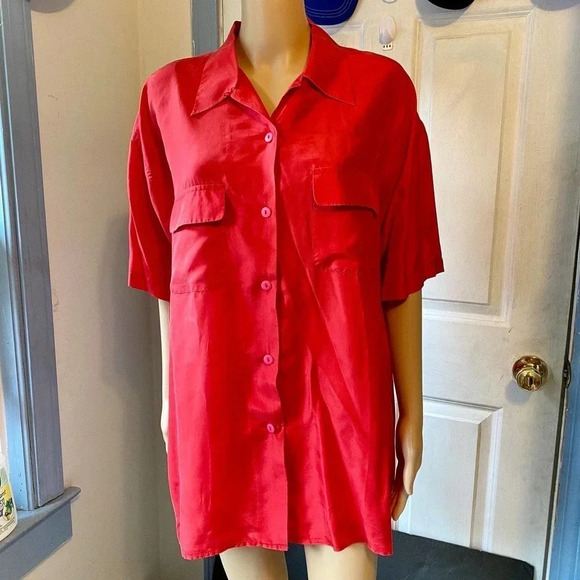 Vintage Margo’s 100% Silk Buttons Down Short Sleeves Red Blouse Women Sz L NWT - Picture 1 of 5